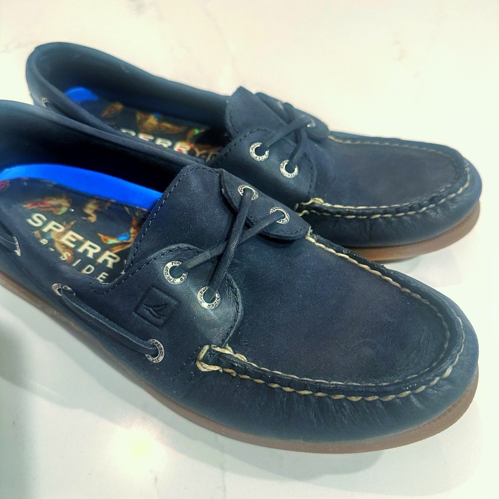 Sperry Blue and Brown Boat Shoes with Rawhide Laces